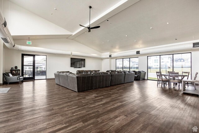 14902 S Fawley Ln, Herriman, UT 84096 - living area featuring ceiling fan, wood finished floors, and high vaulted ceiling