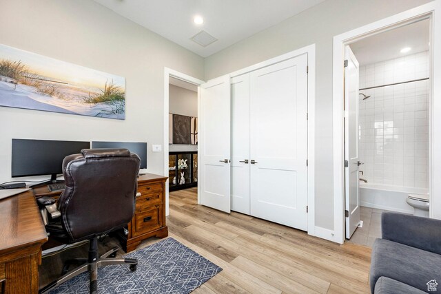 14902 S Fawley Ln, Herriman, UT 84096 - home office featuring recessed lighting, visible vents, and light wood-style flooring