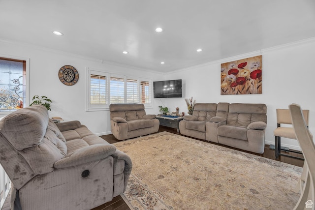 living room with recessed lighting, ornamental molding, and dark wood-style flooring