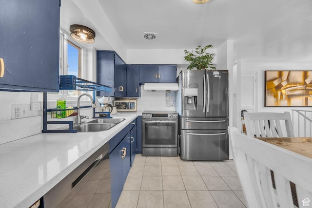 kitchen with light countertops, blue cabinets, under cabinet range hood, a sink, and appliances with stainless steel finishes