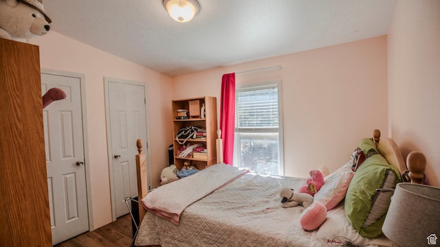 bedroom with lofted ceiling and dark wood-type flooring