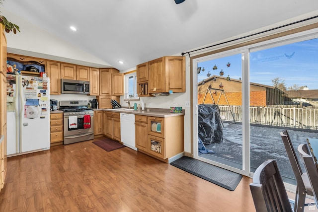kitchen with vaulted ceiling, a sink, wood finished floors, appliances with stainless steel finishes, and recessed lighting