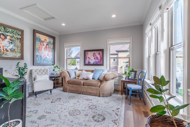 1255 W 3300 N, Pleasant View, UT 84414 - living area featuring recessed lighting, ornamental molding, attic access, and wood finished floors