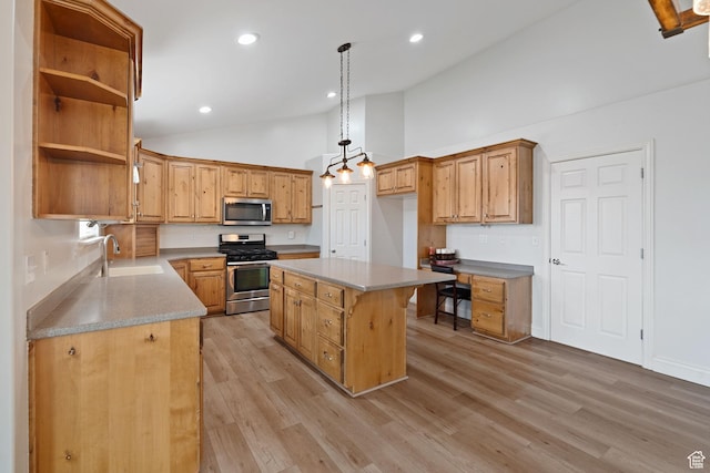 2711 N Deer Meadow Dr, Lehi, UT 84043 - kitchen featuring appliances with stainless steel finishes, a sink, open shelves, a kitchen island, and light wood-style flooring