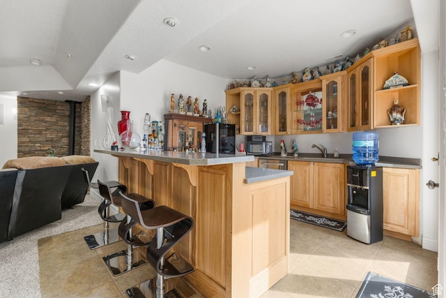 13053 S 1300 W, Riverton, UT 84065 - kitchen featuring a peninsula, a breakfast bar, glass insert cabinets, recessed lighting, and smart refrigerator