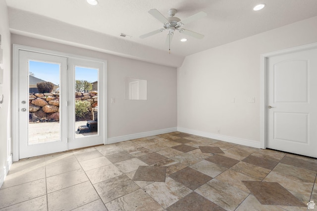 13053 S 1300 W, Riverton, UT 84065 - unfurnished room featuring baseboards, light stone finish flooring, a ceiling fan, and recessed lighting
