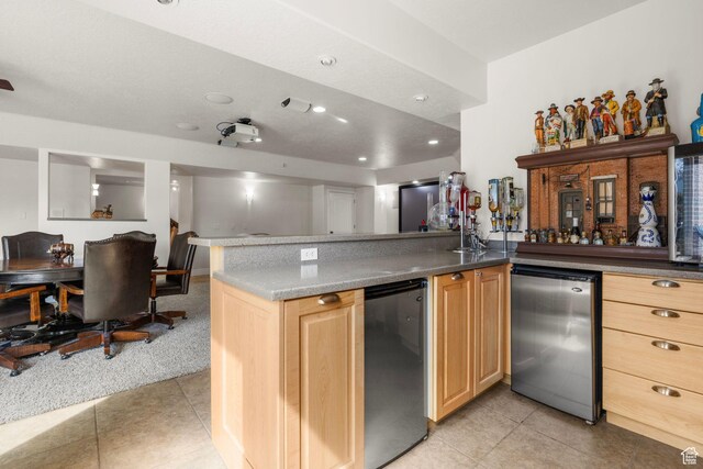 13053 S 1300 W, Riverton, UT 84065 - kitchen featuring light tile patterned flooring, fridge, light brown cabinetry, open floor plan, and recessed lighting