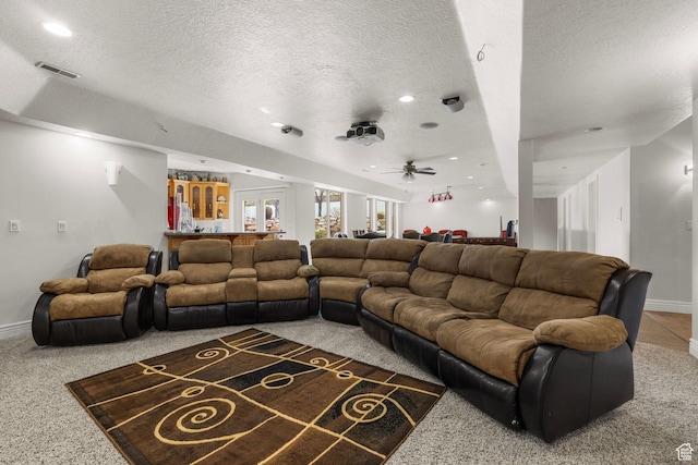 13053 S 1300 W, Riverton, UT 84065 - living area with a textured ceiling, carpet floors, baseboards, ceiling fan, and recessed lighting