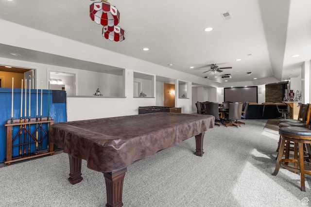 13053 S 1300 W, Riverton, UT 84065 - game room featuring carpet flooring, billiards table, recessed lighting, bar area, and a ceiling fan