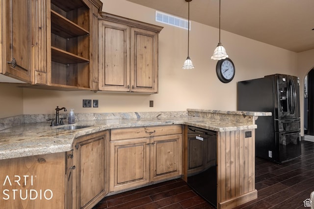 5055 Waterfall Dr, Pleasant View, UT 84414 - kitchen with a sink, a peninsula, visible vents, black appliances, and dark wood-style flooring