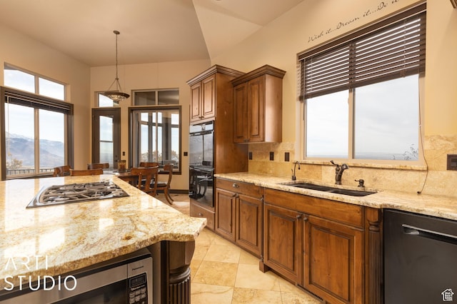 5055 Waterfall Dr, Pleasant View, UT 84414 - kitchen featuring tasteful backsplash, stainless steel appliances, a sink, light stone countertops, and brown cabinetry
