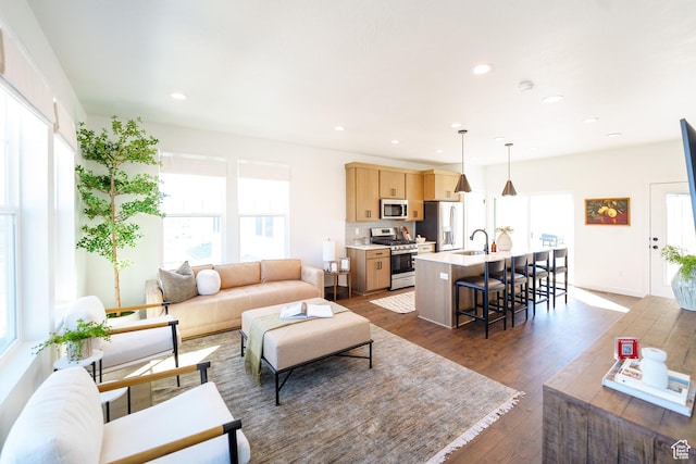 living room with baseboards, recessed lighting, and dark wood-type flooring