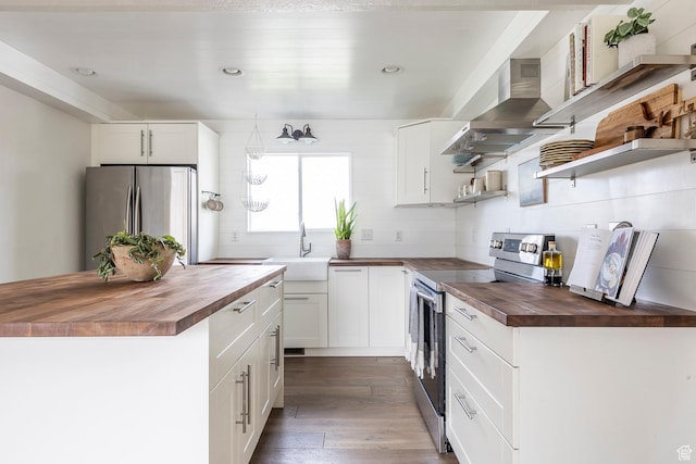 1468 S 100 W, Orem, UT 84058 - kitchen with open shelves, a sink, wood counters, wall chimney range hood, and appliances with stainless steel finishes