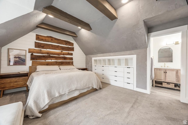 1468 S 100 W, Orem, UT 84058 - bedroom with carpet flooring, a sink, vaulted ceiling with beams, and ensuite bathroom