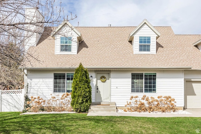 1468 S 100 W, Orem, UT 84058 - cape cod home with fence, a chimney, a garage, a front yard, and roof with shingles