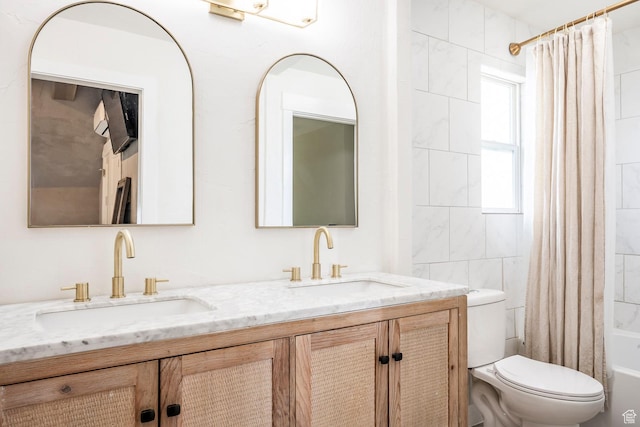 1468 S 100 W, Orem, UT 84058 - full bath featuring double vanity, toilet, a sink, and shower / bathtub combination with curtain