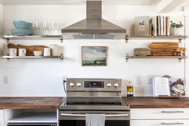 1468 S 100 W, Orem, UT 84058 - kitchen featuring stainless steel range with electric stovetop, white cabinets, wood counters, island range hood, and open shelves