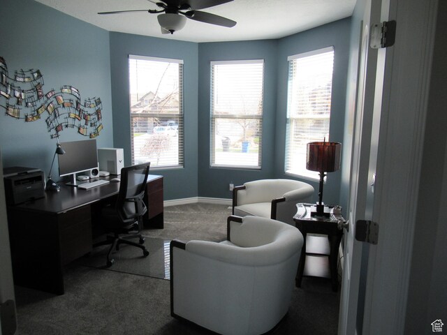 760 S Wellington Dr W, Kaysville, UT 84037 - office with baseboards, dark colored carpet, and a ceiling fan