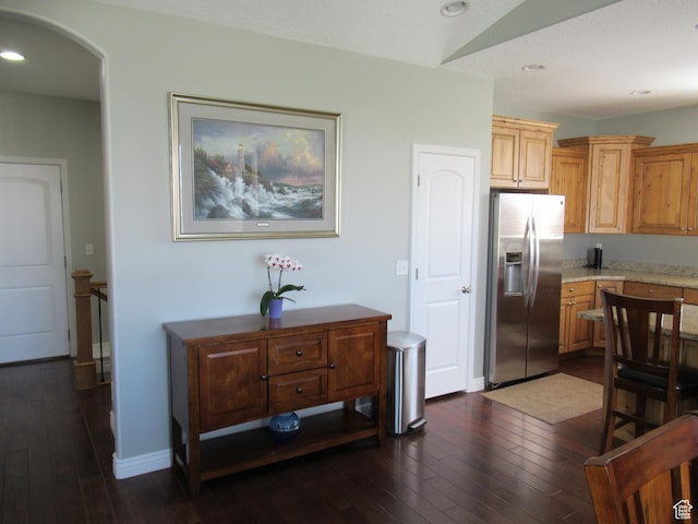 760 S Wellington Dr W, Kaysville, UT 84037 - kitchen featuring stainless steel fridge, arched walkways, dark wood-type flooring, and recessed lighting