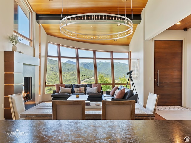 6639 E Chaparral Rd, Huntsville, UT 84317 - living room featuring a warm lit fireplace, wooden ceiling, a healthy amount of sunlight, and a mountain view