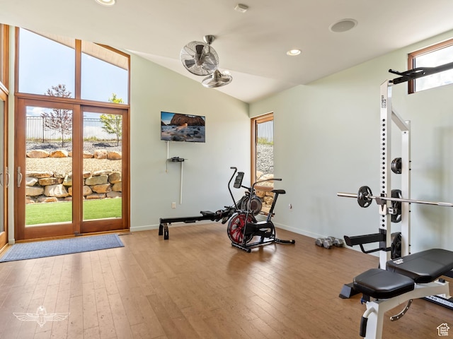 6639 E Chaparral Rd, Huntsville, UT 84317 - workout room featuring hardwood / wood-style flooring, baseboards, vaulted ceiling, and recessed lighting