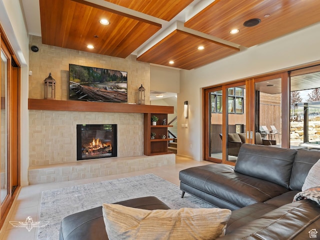 6639 E Chaparral Rd, Huntsville, UT 84317 - tiled living room featuring a fireplace, wooden ceiling, and recessed lighting
