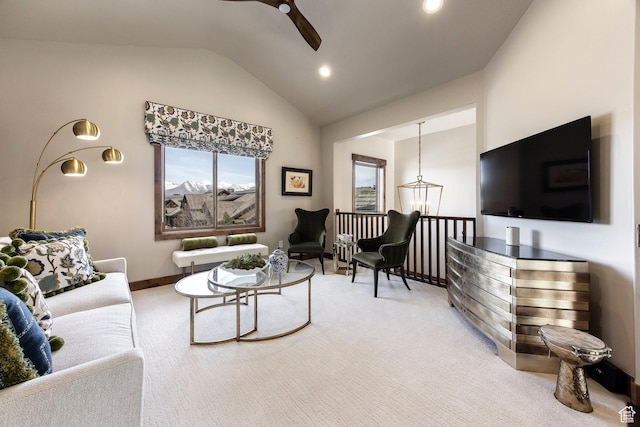living room featuring light carpet, lofted ceiling, baseboards, ceiling fan, and recessed lighting