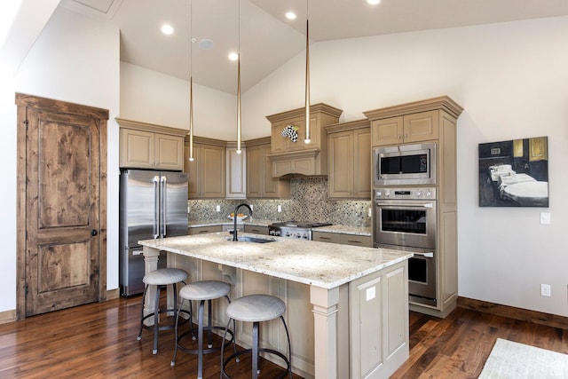 kitchen featuring decorative backsplash, stainless steel appliances, a center island with sink, a sink, and dark wood-style floors