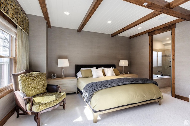 bedroom with wallpapered walls, light carpet, baseboards, beamed ceiling, and recessed lighting