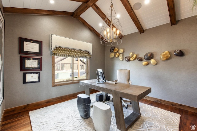 office with baseboards, vaulted ceiling with beams, wood finished floors, and an inviting chandelier