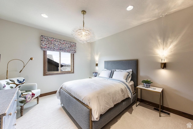 bedroom featuring light carpet, baseboards, recessed lighting, and an inviting chandelier
