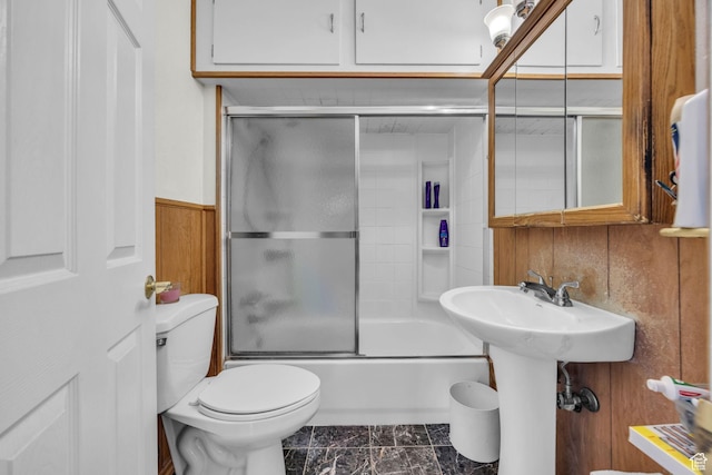 410 N 175 E, North Salt Lake, UT 84054 - full bath featuring toilet, shower / bath combination with glass door, and wood walls