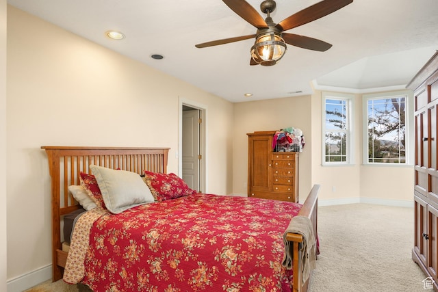 bedroom featuring recessed lighting, carpet floors, baseboards, and ceiling fan