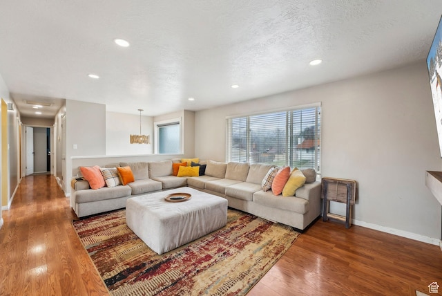1567 Heather Dr, Layton, UT 84040 - living room with baseboards, a textured ceiling, wood finished floors, and recessed lighting
