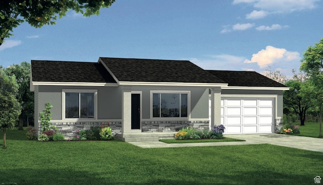 1143 W High Plains Dr Unit 603, Grantsville, UT 84029 - ranch-style home with stone siding, a garage, concrete driveway, a front yard, and stucco siding