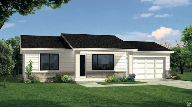 view of front of property with brick siding, a garage, a front lawn, and concrete driveway