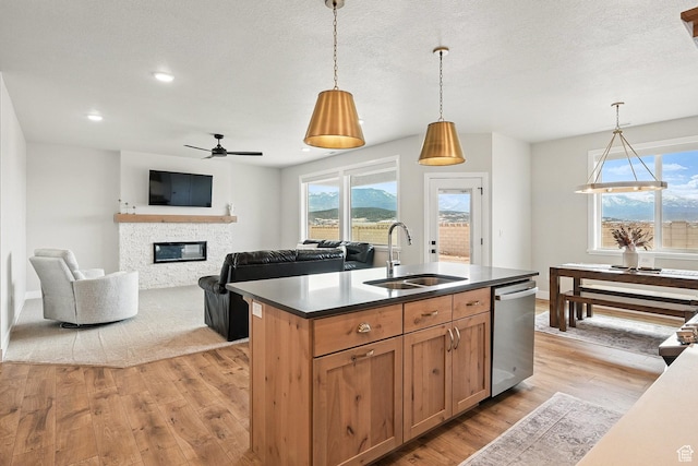 kitchen with light wood finished floors, a sink, pendant lighting, a glass covered fireplace, and stainless steel dishwasher