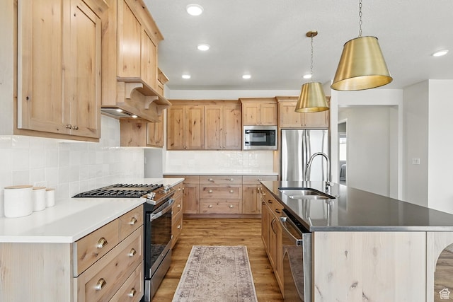 kitchen with a sink, light wood finished floors, tasteful backsplash, light brown cabinets, and stainless steel appliances