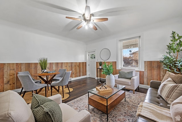 682 N 700 E, Lehi, UT 84043 - living room with a wainscoted wall, wood finished floors, wood walls, and a ceiling fan