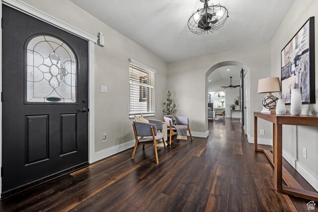 682 N 700 E, Lehi, UT 84043 - foyer with a ceiling fan, arched walkways, baseboards, and wood finished floors