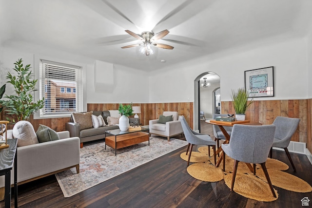 682 N 700 E, Lehi, UT 84043 - living area with a wainscoted wall, wood walls, a ceiling fan, and wood finished floors