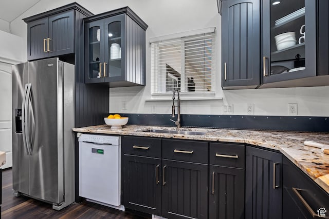682 N 700 E, Lehi, UT 84043 - kitchen featuring a sink, stainless steel fridge with ice dispenser, light stone countertops, dishwashing machine, and dark wood-style flooring