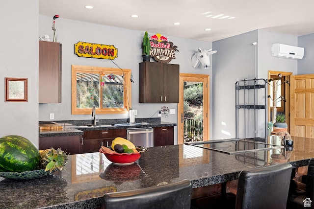 35 Lion Blvd, Springdale, UT 84767 - kitchen featuring a wall mounted AC, a sink, stainless steel dishwasher, dark stone countertops, and dark brown cabinets