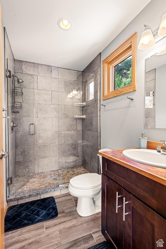 35 Lion Blvd, Springdale, UT 84767 - bathroom with a shower stall, toilet, wood finished floors, and vanity