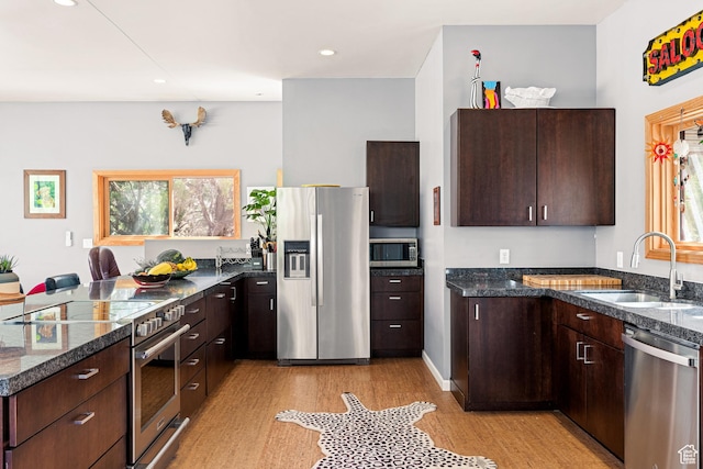 35 Lion Blvd, Springdale, UT 84767 - kitchen with dark brown cabinetry, light wood-style flooring, a sink, and stainless steel appliances