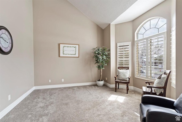 living area with baseboards, vaulted ceiling, carpet, and a textured ceiling