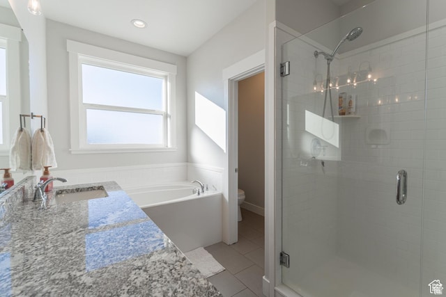 1009 E High Creek Rd, Cove, UT 84320 - full bathroom with toilet, a shower stall, tile patterned flooring, a bath, and recessed lighting