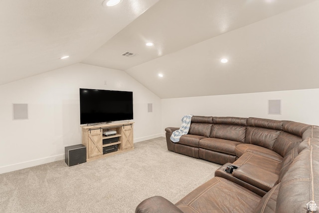 1009 E High Creek Rd, Cove, UT 84320 - living area featuring baseboards, light colored carpet, vaulted ceiling, and recessed lighting