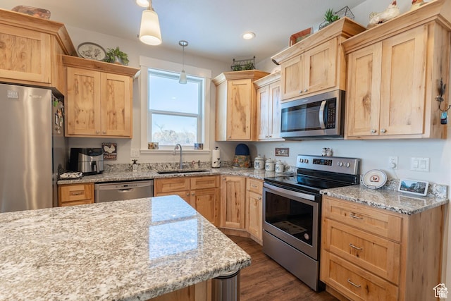 1009 E High Creek Rd, Cove, UT 84320 - kitchen with appliances with stainless steel finishes, light brown cabinetry, a sink, dark wood-type flooring, and recessed lighting