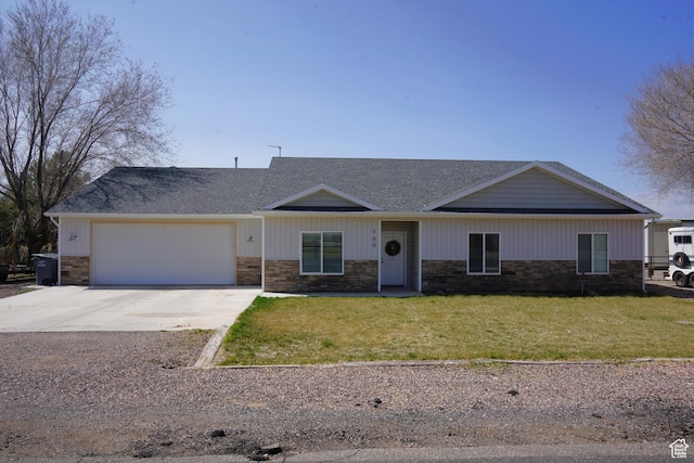 ranch-style home featuring stone siding, an attached garage, a front lawn, and concrete driveway